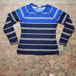 Athleta Size Large Blue Striped Long Sleeve Rash Guard/Swim Shirt